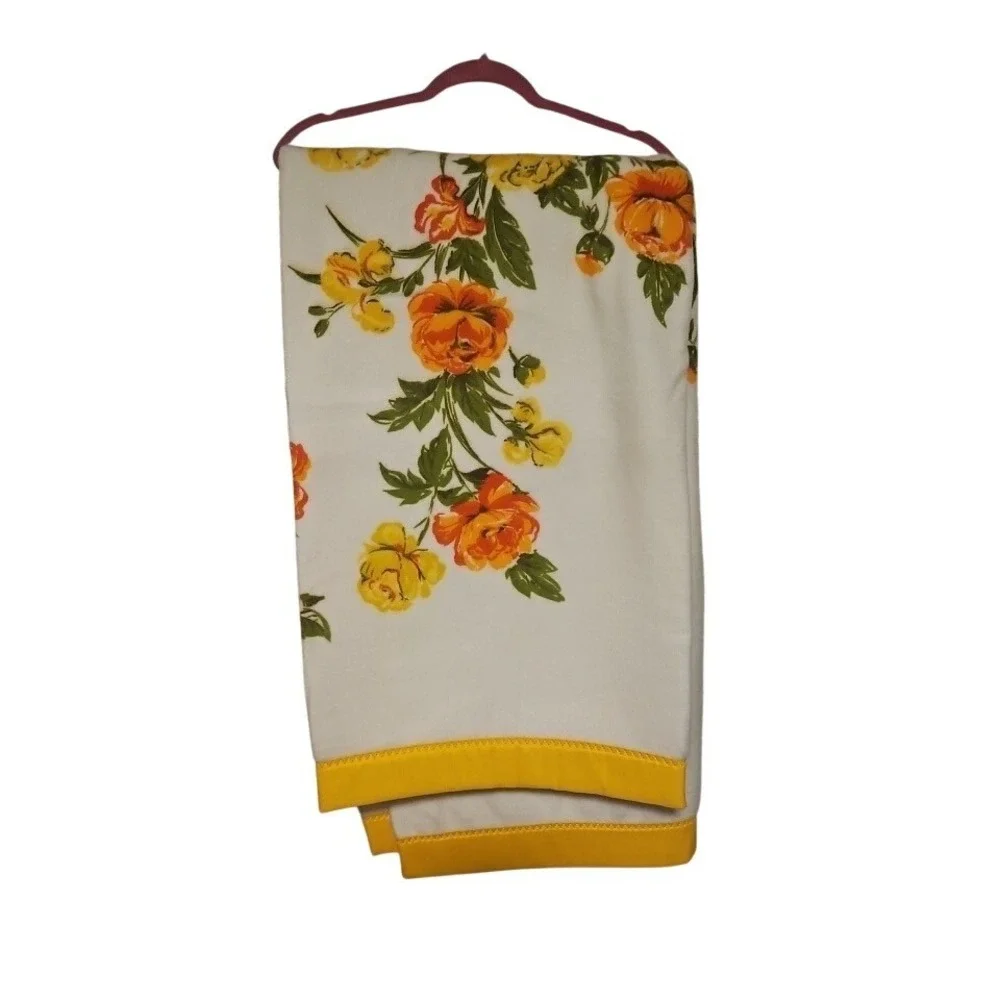 Vintage 70s Floral Thermal Blanket White Yellow Orange Rose‎ Satin Trim Retro